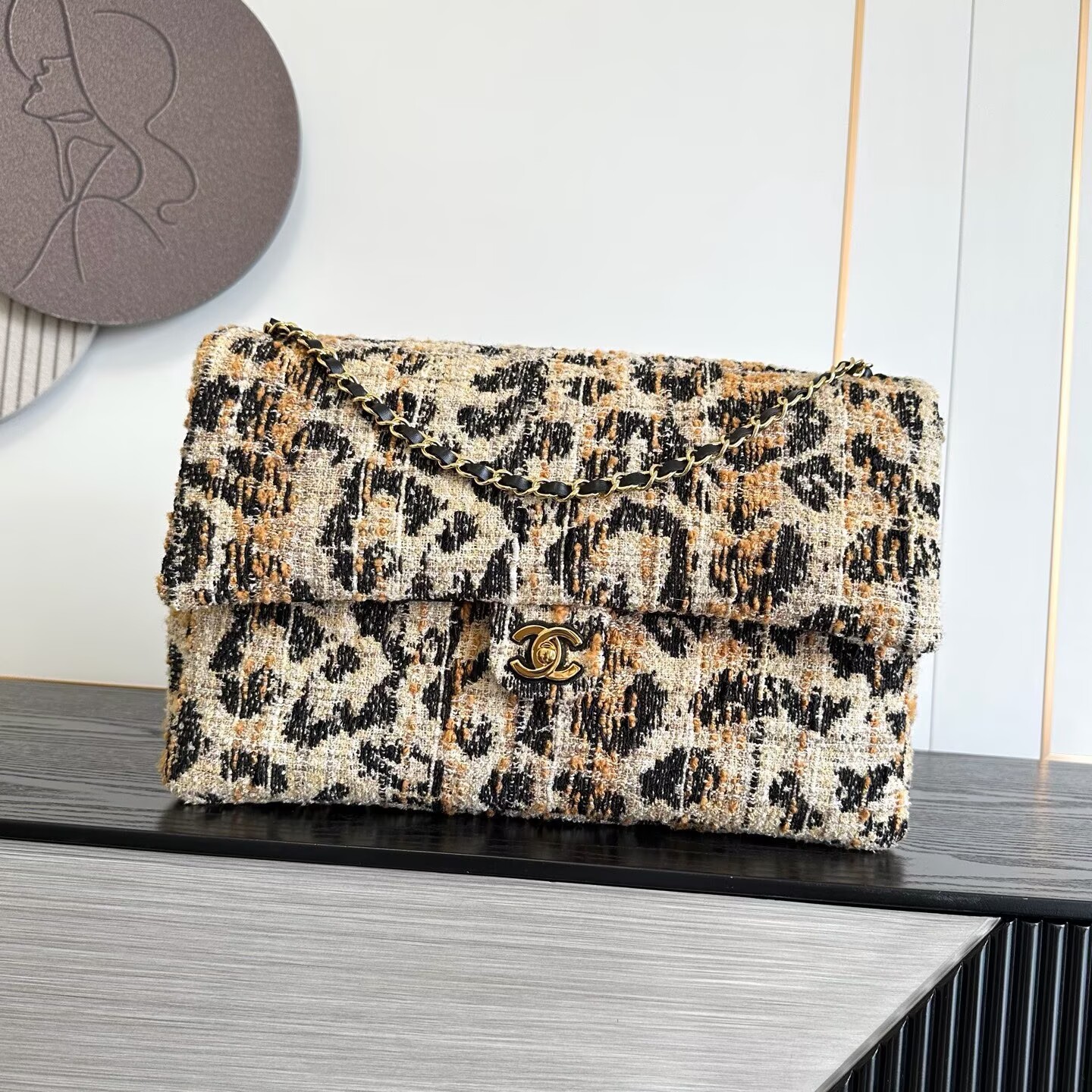 Chanel 26A CF Maxi Flap Tweed Bag AS5640 Leopard Print