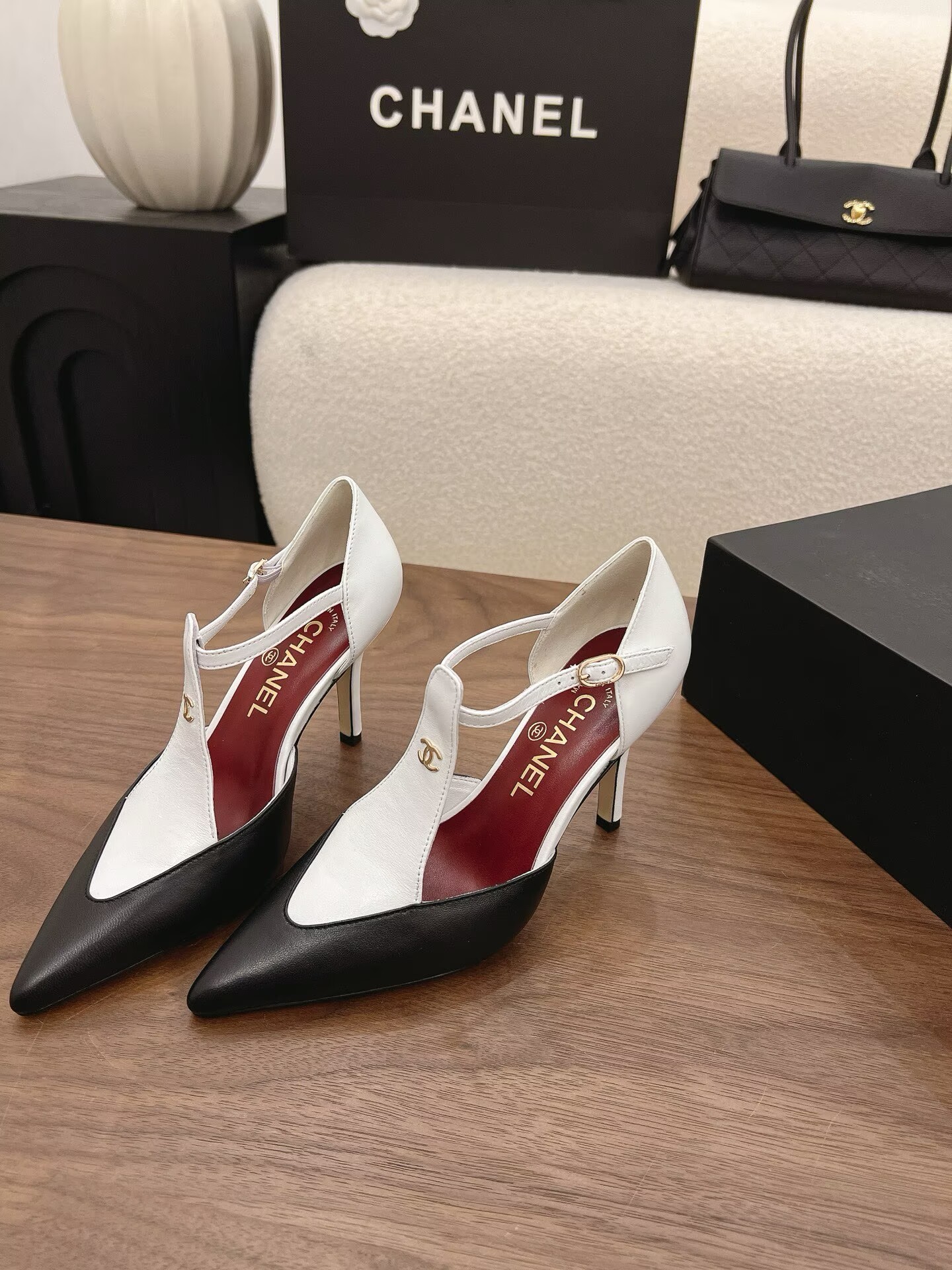 Chanel Lambskin Heels Shoes C30143 White&Black