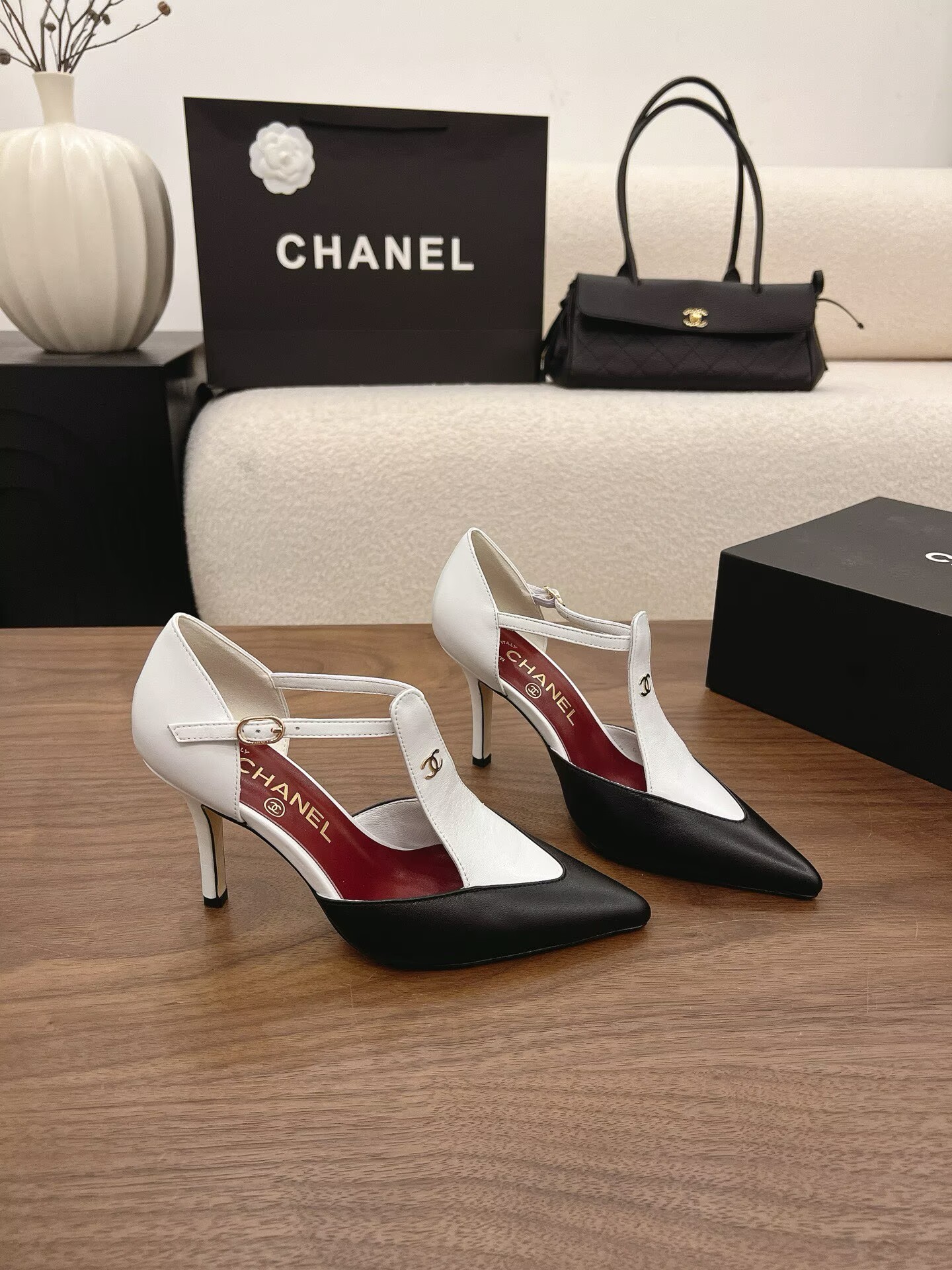 Chanel Lambskin Heels Shoes C30143 White&Black