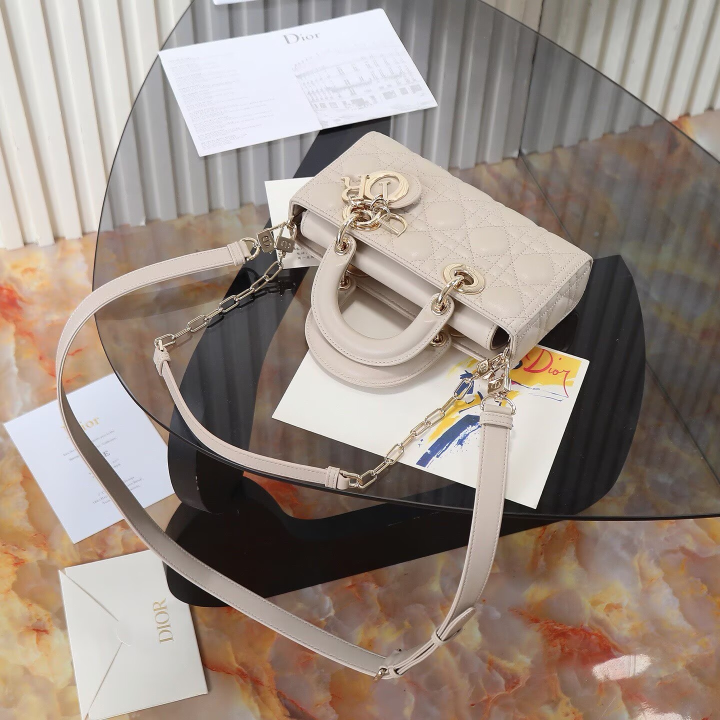 Dior Small Lady D-Joy Bag Metallic Cannage Calfskin M0613 Beige