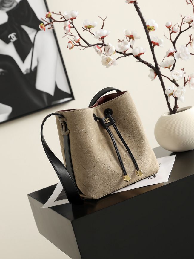 Chanel Suede Calfskin Bucket Bag AS6584 Dark Beige & Black