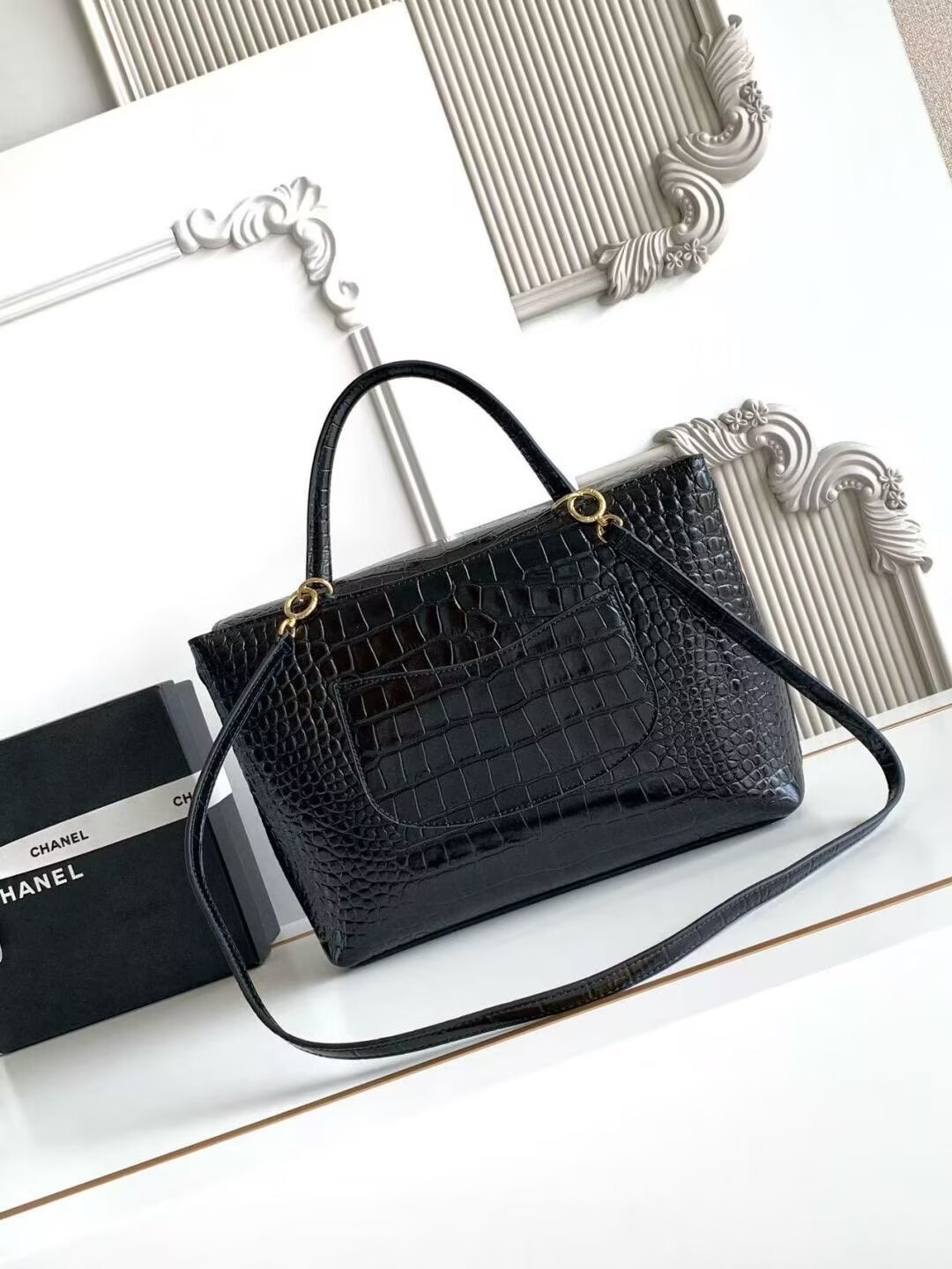 Chanel Maxi Flap Bag With Top Handle Crocodile Embossed Calfskin & Gold-Tone Metal Dark Gray As6309