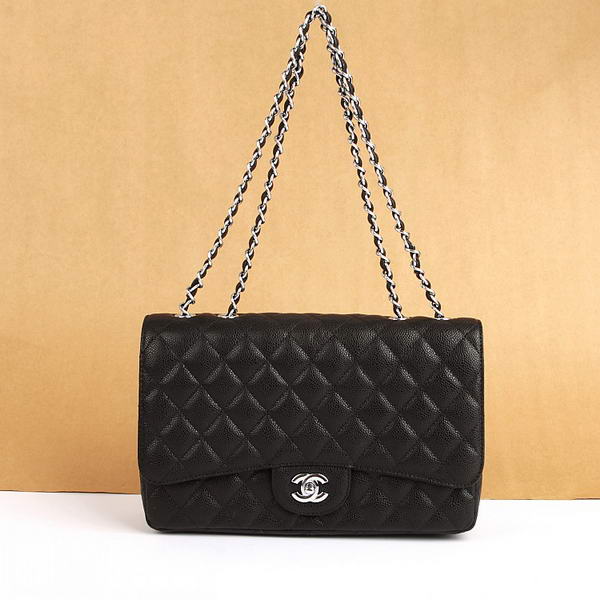 Chanel Jumbo Bags A36073 Black Caviar Leather Silver Hardware