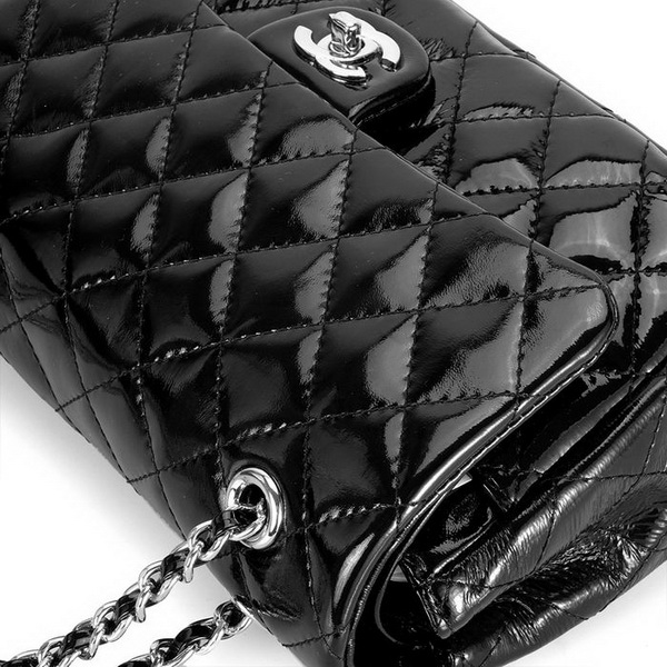 Chanel Classic 2.55 Series Flap Bag 1112 Black Patent Leather Silver Hardware