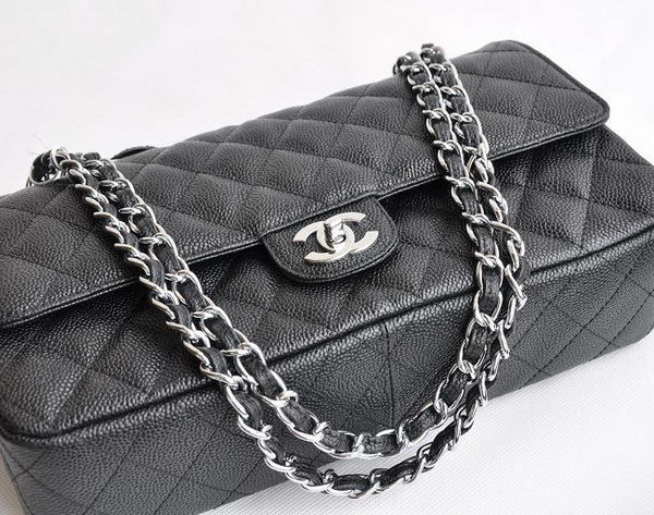 Chanel Classic 2.55 Series Black Caviar Silver Chain Quilted Flap Bag 1113