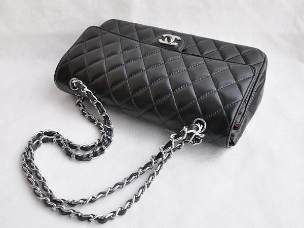 Chanel Classic 2.55 Series Black Lambskin Silver Chain Quilted Flap Bag 1113