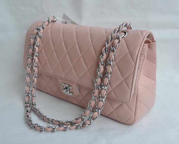 Chanel Classic 2.55 Series Pink Lambskin Silver Chain Quilted Flap Bag 1113