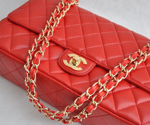 Chanel Classic 2.55 Series Red Lambskin Golden Chain Quilted Flap Bag 1113