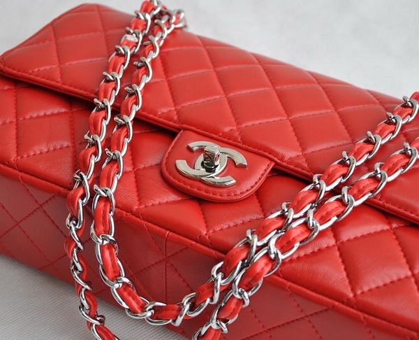 Chanel Classic 2.55 Series Red Lambskin Silver Chain Quilted Flap Bag 1113