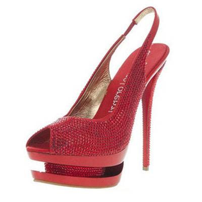 Gianmarco Lorenzi Red Rhinestone Embellished Slingbacks Sandals