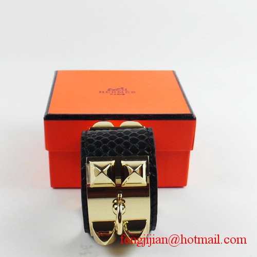 2010 Hermes Black Snakeskin Gold Bangle 1171