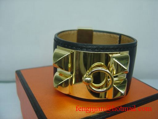 2010 Hermes Medor Bracelet Black Leather Gold Bangle 1171