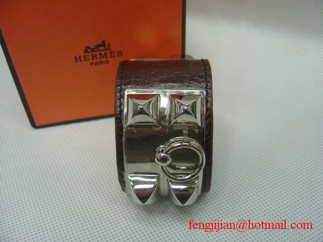 2010 Hermes dark Brown Leather Silver Bangle 1171