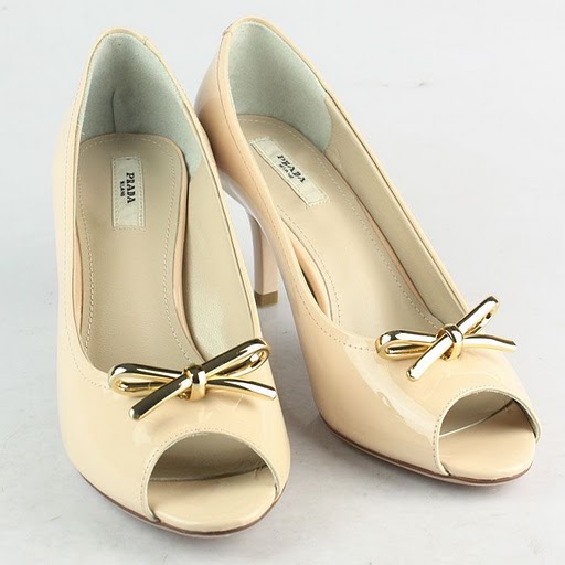 Prada Gold Bow Detail Peep Toe Pumps Pink