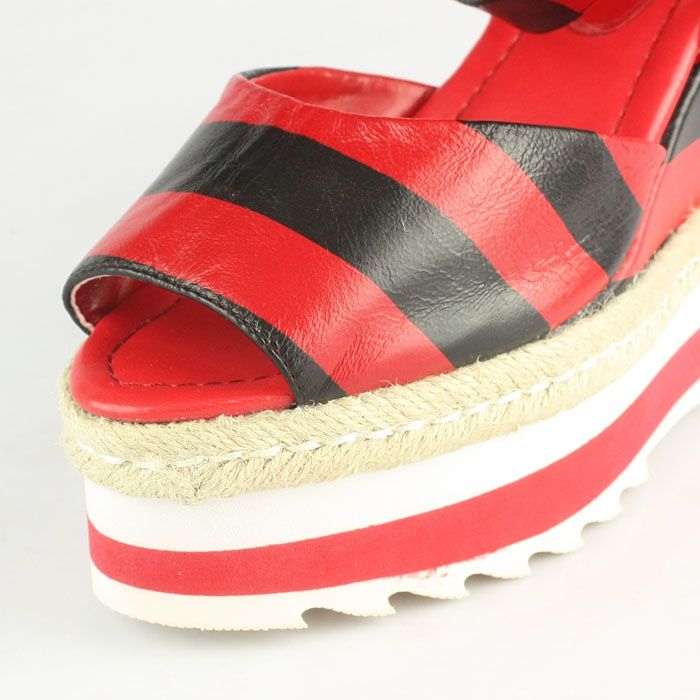 Prada Stripe Elastic Straps Wedge Sandals Red