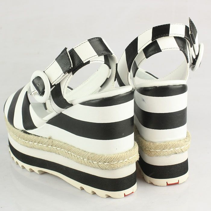 Prada Stripe Elastic Straps Wedge Sandals White