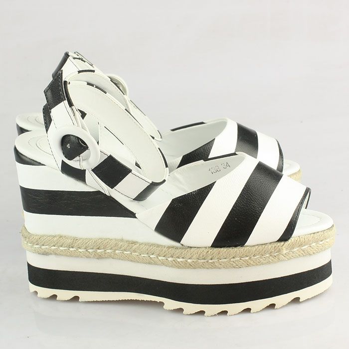 Prada Stripe Elastic Straps Wedge Sandals White