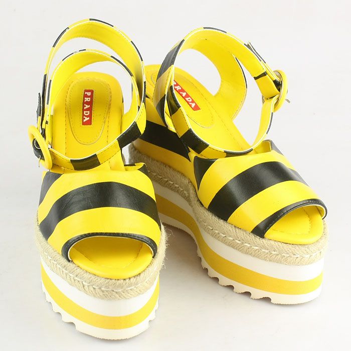 Prada Stripe Elastic Straps Wedge Sandals Yellow