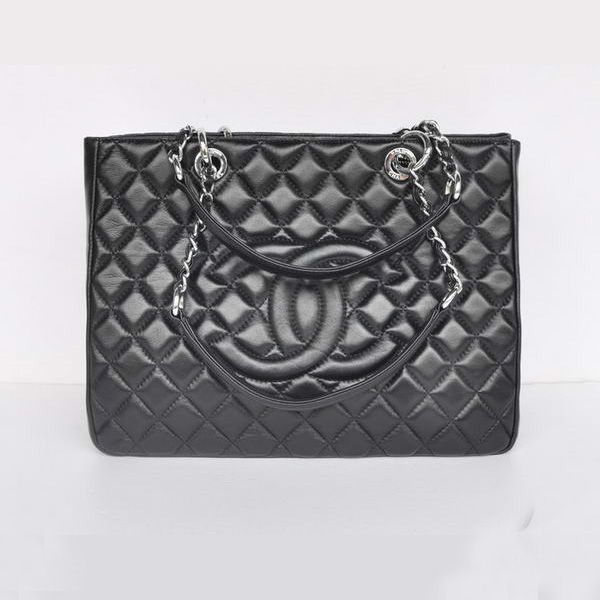 Borsa Chanel A50995 Nero pelle di pecora a tracolla in pelle argento