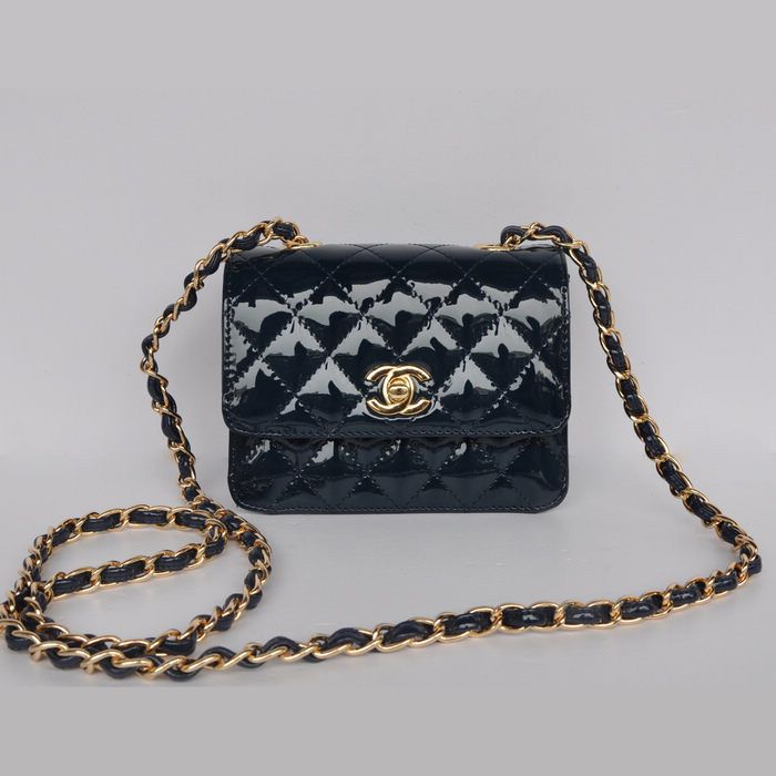 Chanel Classic Flap Borse 1118 Micro Reale pelle blu brevetti hardware oro