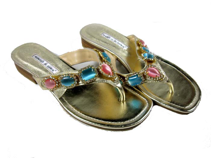 Manolo Blahnik colourful diamond golden slippers