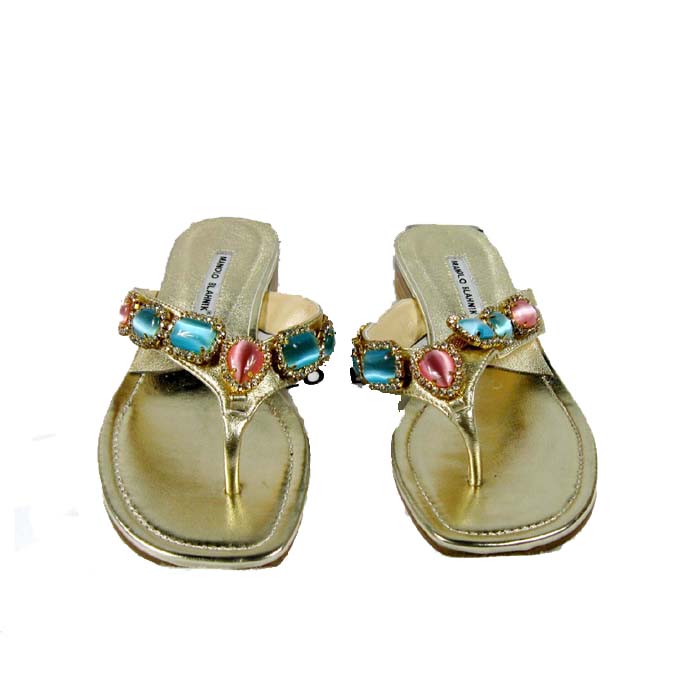 Manolo Blahnik colourful diamond golden slippers