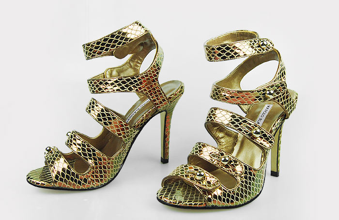 Manolo Blahnik five-buckle watersnake skin sandals golden