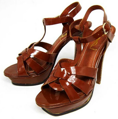 YSL front knot patent high heel sandals brown