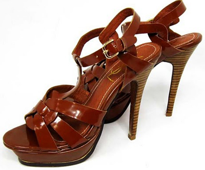 YSL front knot patent high heel sandals brown