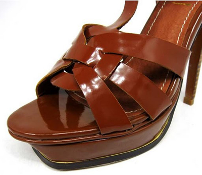 YSL front knot patent high heel sandals brown