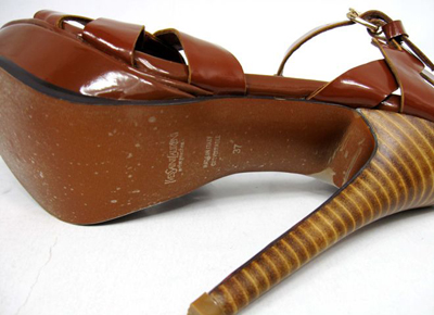 YSL front knot patent high heel sandals brown