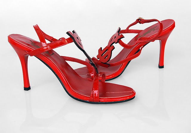 YSL sexy logo-displayed strapy high heel sandals red