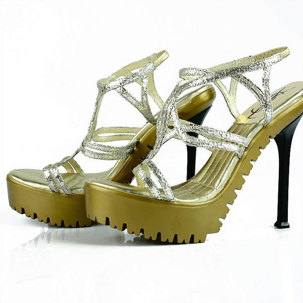 YSL strapy jugged sole high heel sandals sliver 