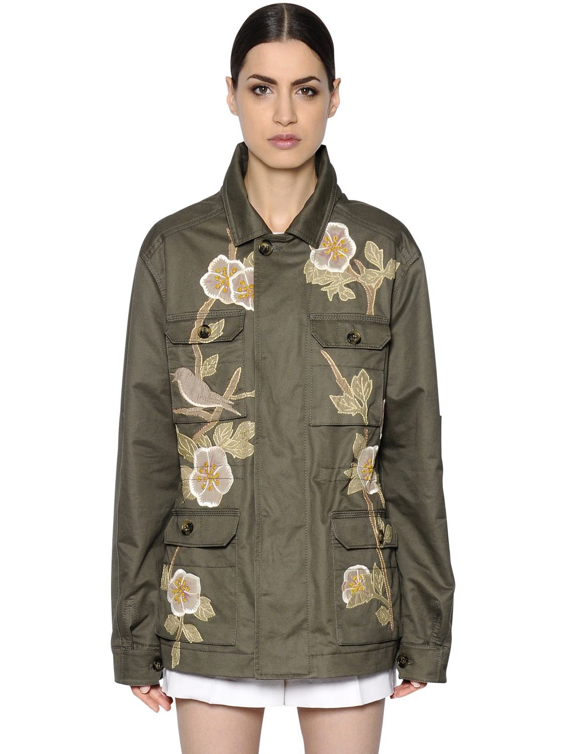 Valentino parka con ricamo in gabardina di cotone verde/khaki donna abbigliamento,valentino abiti da cocktail,valentino scarpe borchie,vendita outlet