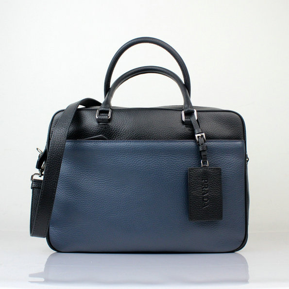 Prada Bicolor Grana pelle di vitello Travel Bag VA1011 Blu / Ner