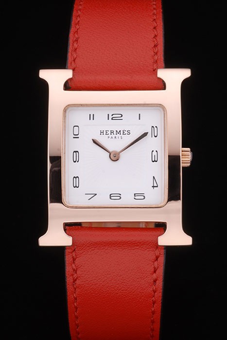 Hermes Heure H Rose Gold Bezel Red Leather Strap White Dial 80233