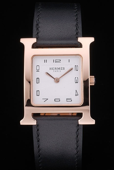 Hermes Heure H Rose Gold Bezel Black Leather Strap White Dial 80235