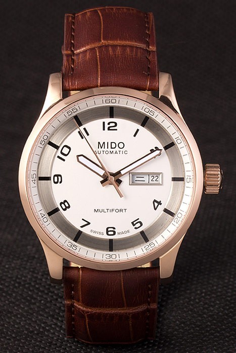 Mido Multifort Brown Croco Leather Strap White-Silver Dial 80300